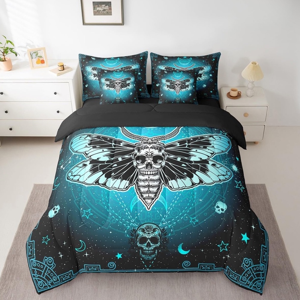 Feelyou Boho Skull Moth King Size 7Pc Bed In a Bag Set